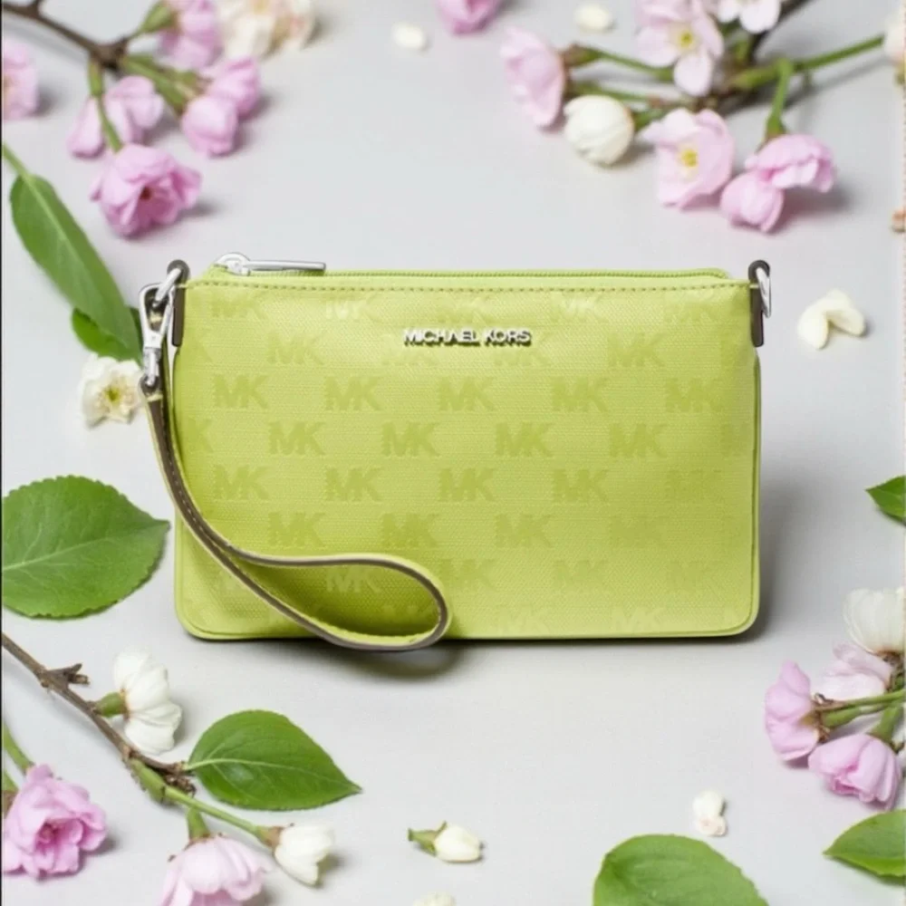 💚MICHAEL KORS💚Lime Jet Set Travel Small Woven Logo Nylon Convertible Wristlet